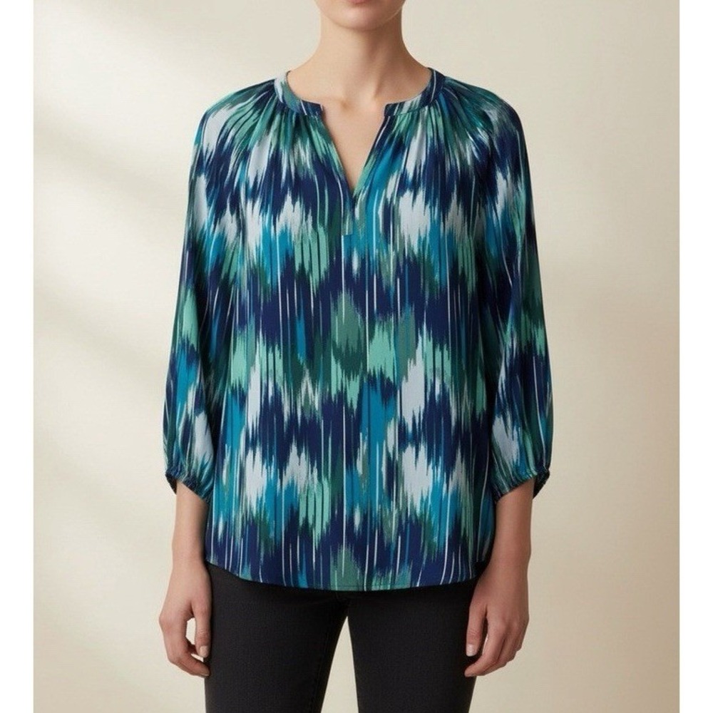The Pioneer Woman Blouse Women L Blue Green Ikat Split Neck 3/4 Sleeve Polyester